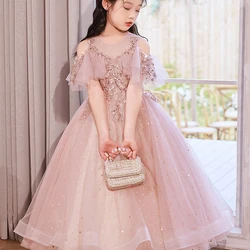 Paillettes rugiada spalla bambini abiti per la festa abito da sposa bambini abito da spettacolo bambino Tulle principessa vestito per ragazze abbigliamento