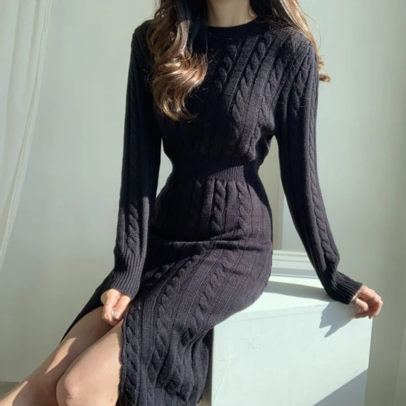 MEXZT elegante vestido Midi de punto mujeres Sexy Split negro suéter Vestidos invierno moda coreana Vestidos ceñidos de manga larga nuevo