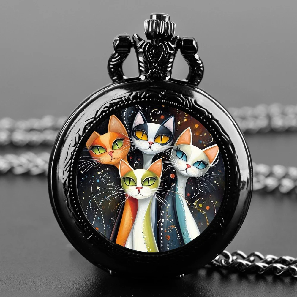 Geometric Abstract Animals Geometric Cat Design Vintage Quartz Pocket Watch Chain Pendant Necklace for Men Women Jewelry Gift