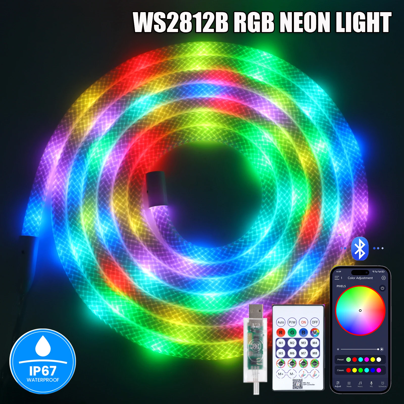 

Bluetooth APP Control WS2812B Dream Color Neon Strip 5V USB Addressable LED Neon Pixel Light IP67 Waterproof 16MM Silicon Tube