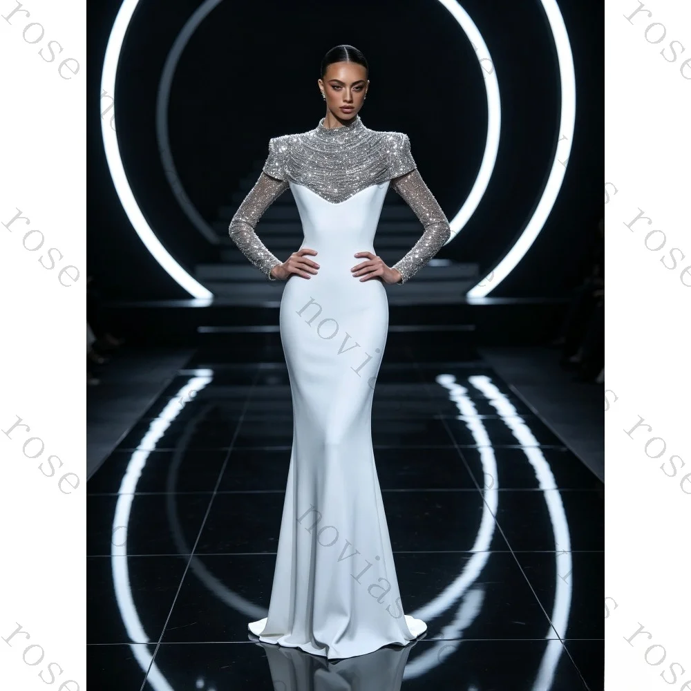 Customized Elegant High Neck Silver Crystal Cap Sleeves Satin Mermaid Bridal Gown Floor Length Wedding Dress Vestido De Novia
