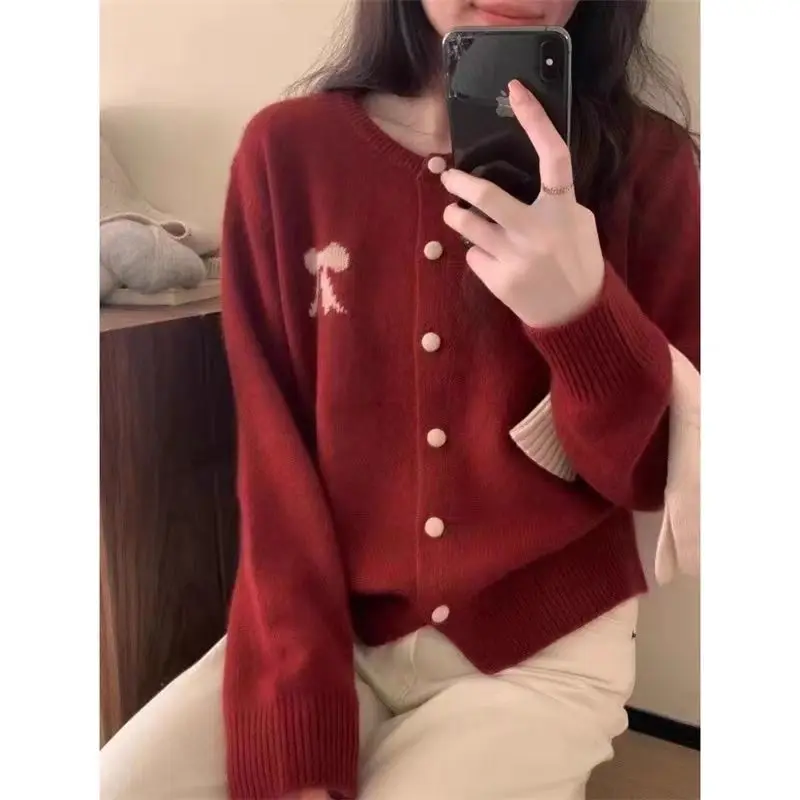 O-neck Solid Color Long Sleeve Knitting Cardigan Coat Women Autumn Winter Simplicity Bow Sweater Sweet All-match Knitwear Tops