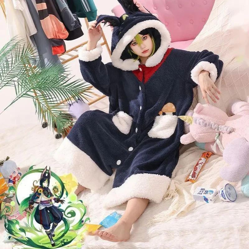 Genshin Impact Cosplay Pajama Anime Unisex Autumn Winter Plush Bathrobe Tartaglia Xiao Zhongli Ganyu Cute Hoodie Thick Nightgown