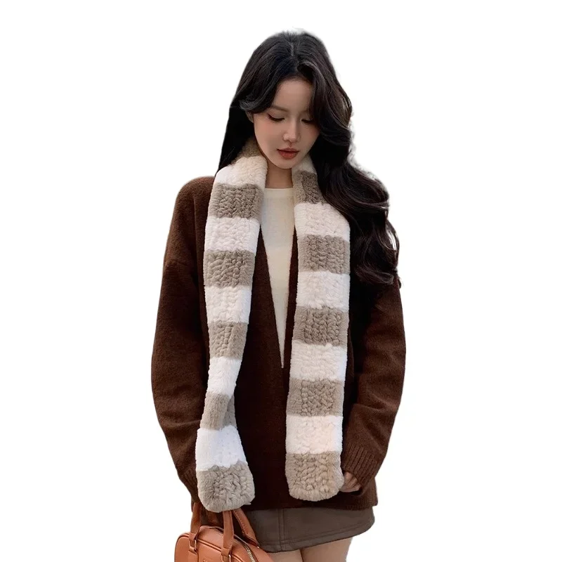 Autumn and winter new knit Rex rabbit hair contrasting color long scarf Korean version double-sided woven warm plush scarf