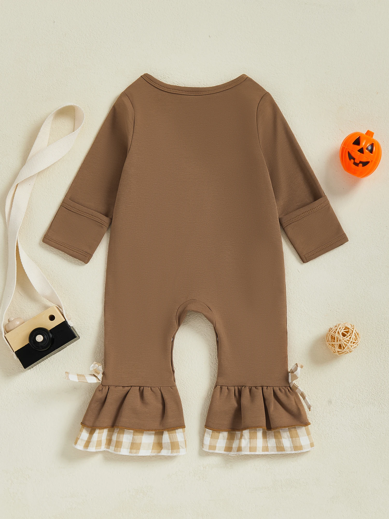 Adorable Toddler Halloween Costume Long Sleeve Round Neck Plaid Pumpkin Pattern  Baby Girl Pajamas Set Infant Jumpsuit