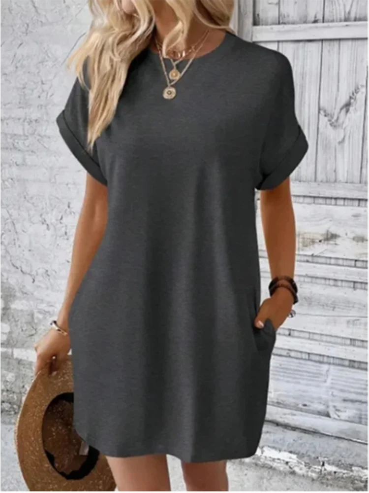 Lässiges Einfarbiges Minikleid für Damen mit Rundhalsausschnitt und Kurzen Ärmeln, Sommerkleid für den Alltag