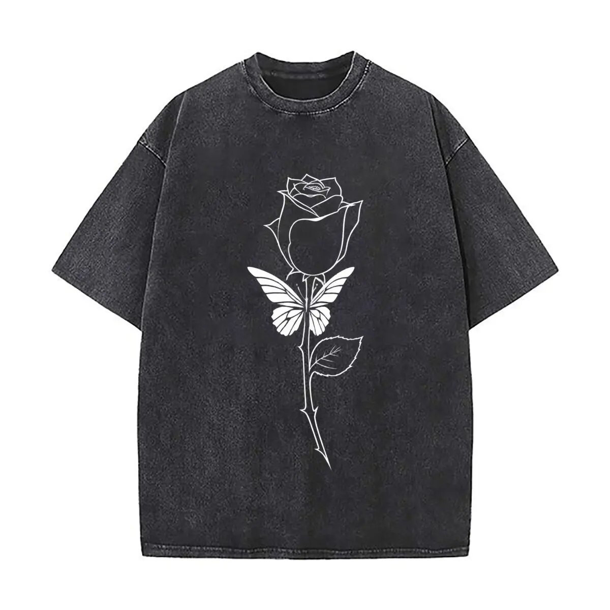 Single Rose Stem Botanical Line Art Drawing Washed Distressed Loose Streetwear Tops for City Walks
