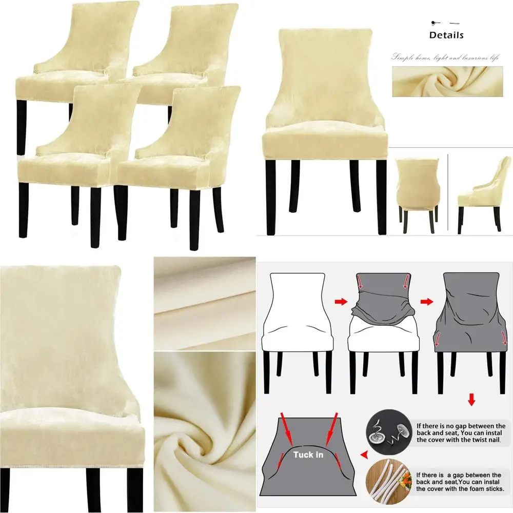 

Stretch Velvet Wingback Chair Cover - Reusable Dining Room Protector Slipcover, Machine/Hand Washable (Cream, 4PC)