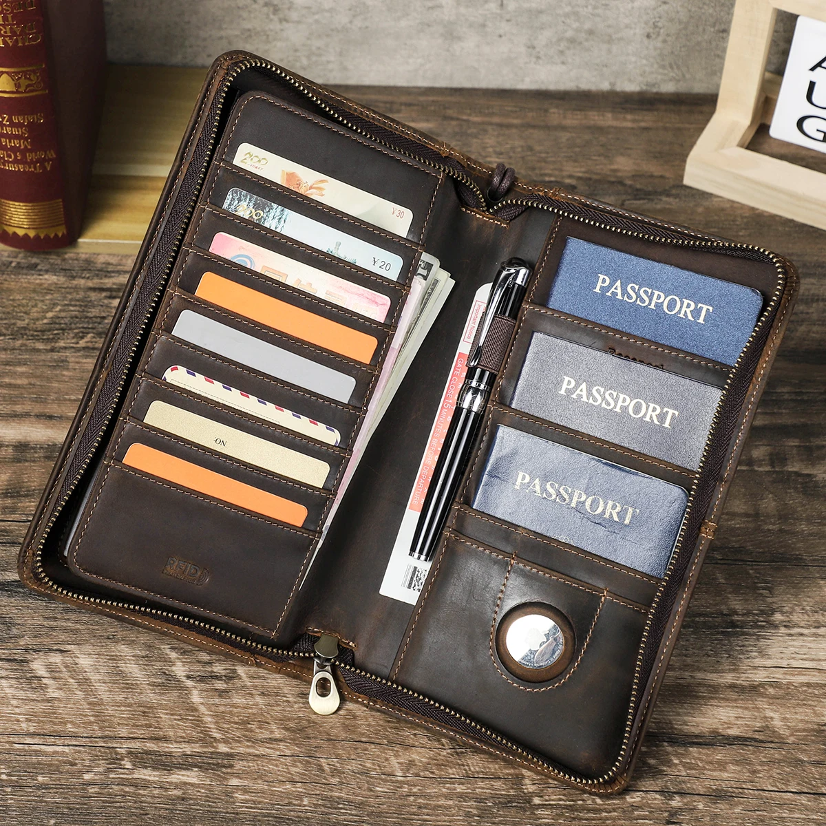 CONTACT'S Genuine Leather Family Passport Clutch Wallets Passport Cover Travel Handbags, 6 Passport Slots, Free Personalization