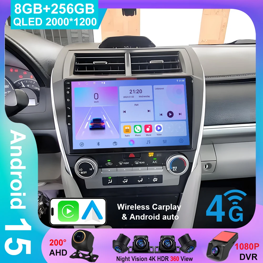 أندرويد 15 لتويوتا كامري 7 XV 50 55 2012 2013 2014-2015 2016 2017 الوسائط المتعددة Carplay سيارة PlayerNavigation شاشة راديو GPS