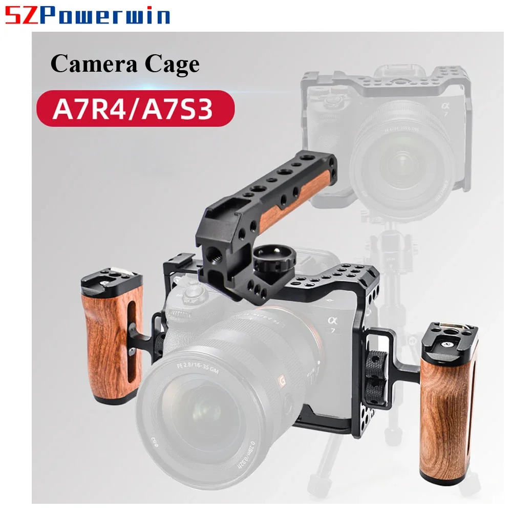 Powerwin Camera Cage For Sony A7R4 A7M4 A74 A7S3 with wooden Handle Kit Aluminum Alloy Multifunctional Arri Locating Screw