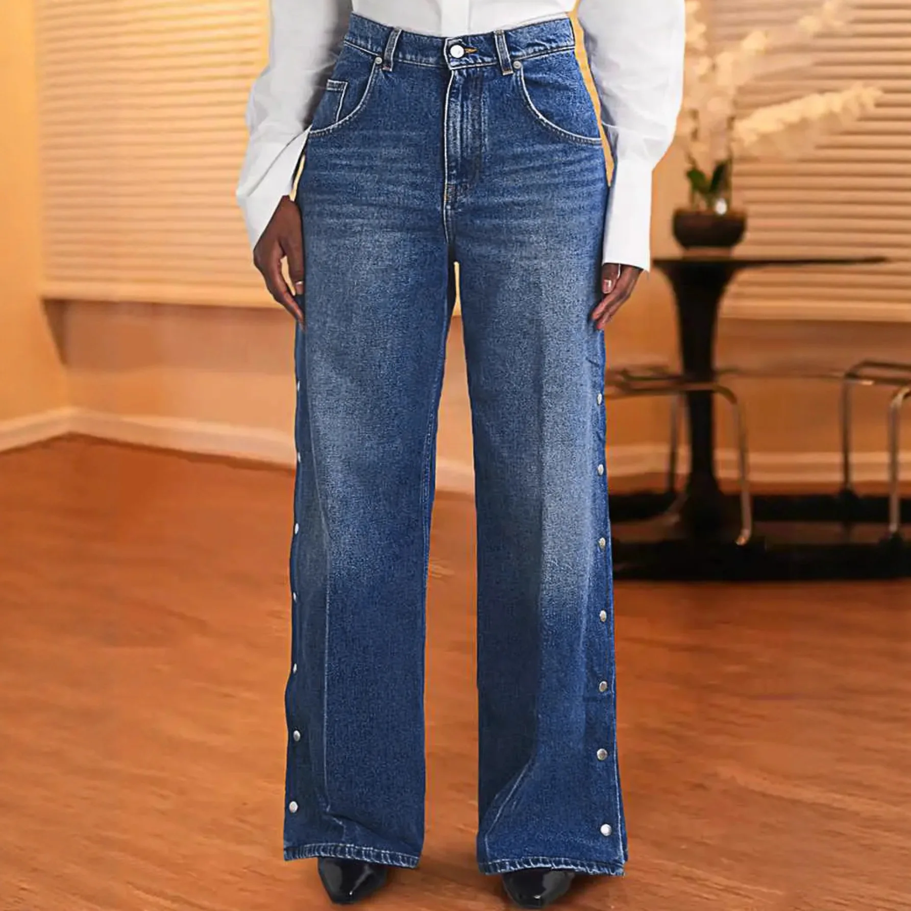 

Slim Straight Leg Loose Jeans Look Pants High Waist Cotton Casual Sle Women's High Elastici Loose Fit Heart Pattern