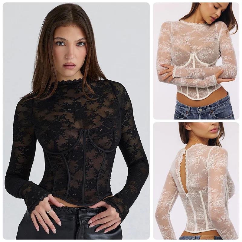 Sexy Lace Patchwork Corset Tops Long Sleeve T-shirt Women See Through Waist Cinching Slim Fit O-neck Crop Top Midnight Club Tees