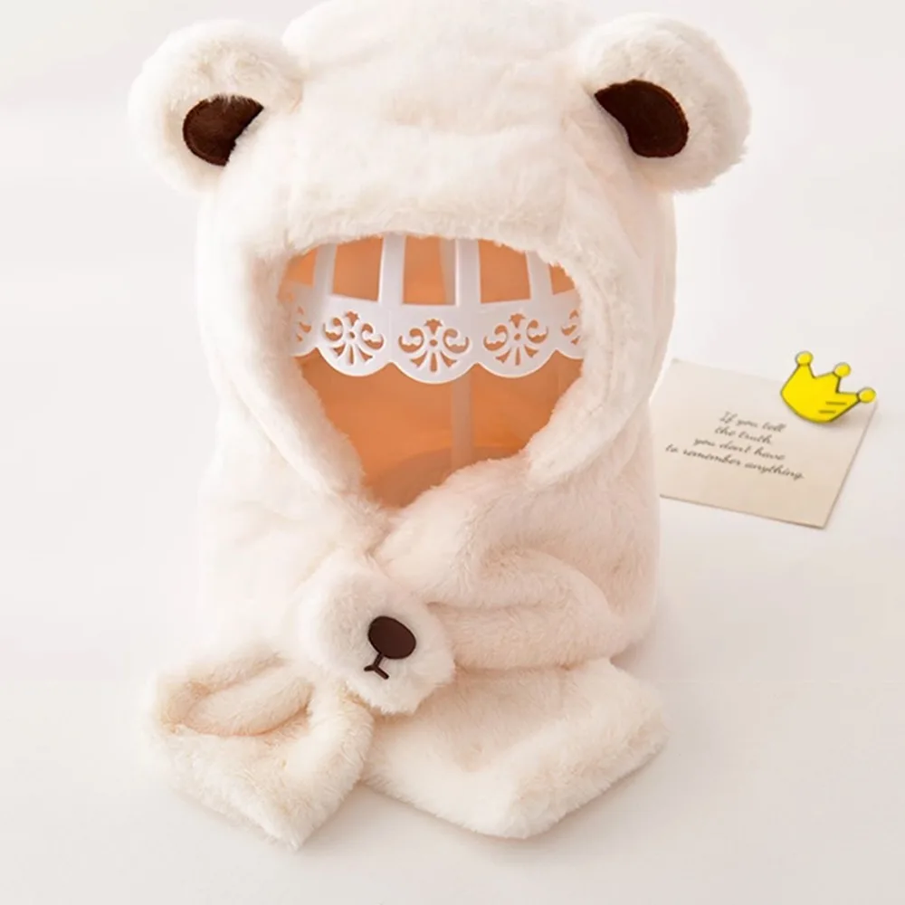 

Solid Color Bear Plush Hat Korean Style Fashion Design Children Fleece Hat Cloth Accessories Muffler Plush Hat with Scarf Boy