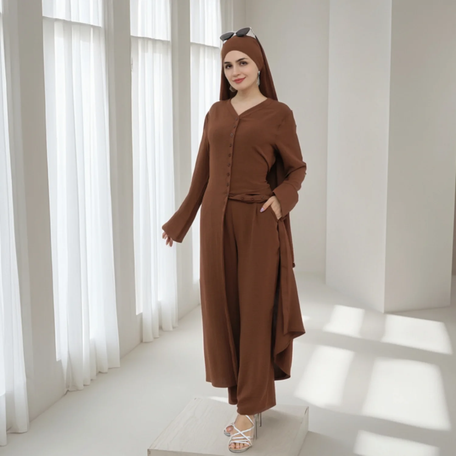 ใหม่มุสลิมชุดผู้หญิงปุ่มยาวเสื้อกางเกง 2 ชิ้นชุดตุรกี Kaftan ดูไบ Abaya Eid Ramadan อิสลามเสื้อผ้าชุด