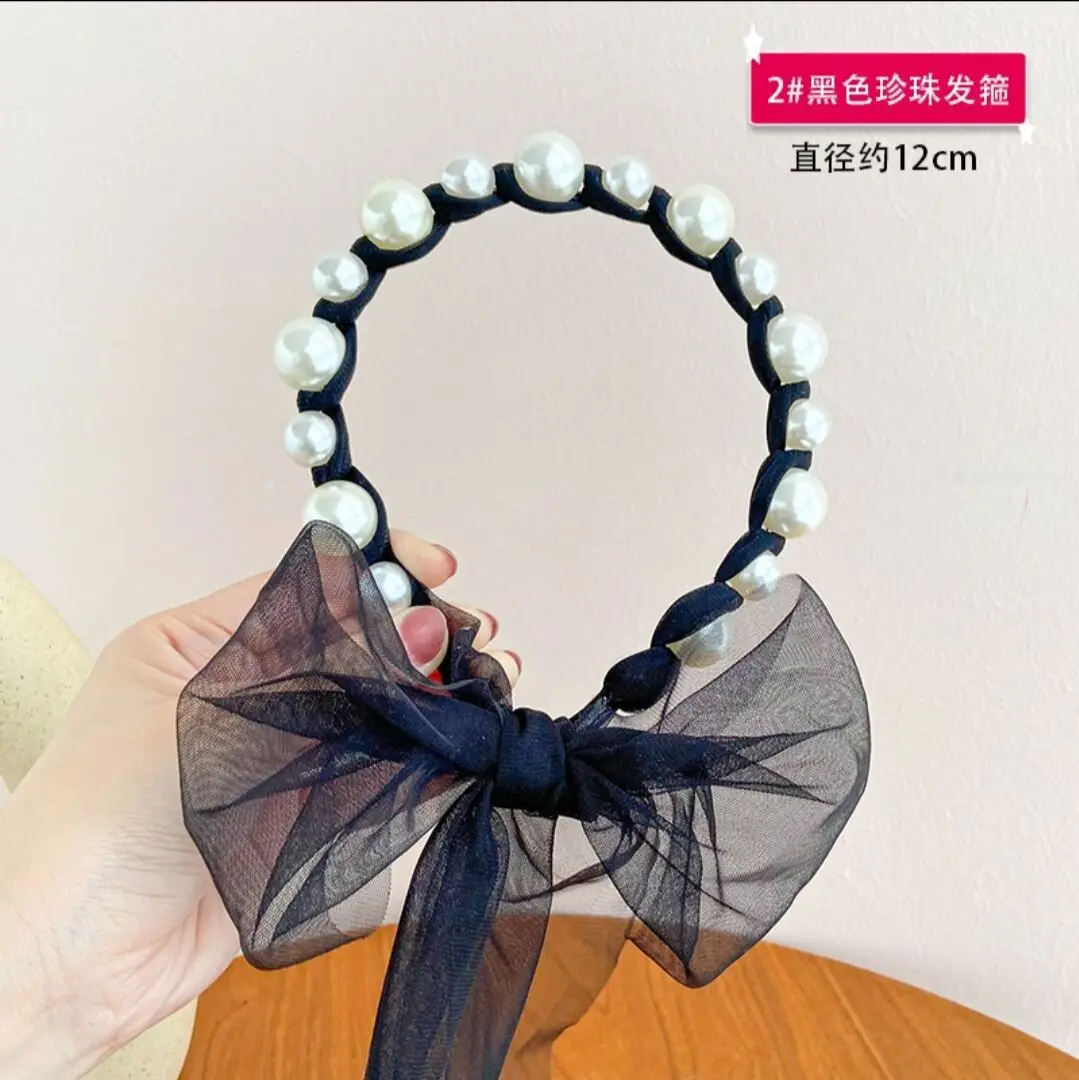 

Adorable Children's Pearl Ribbon Headband Handmade Tulle Bow Hair Accessory for Ponytails and Braids