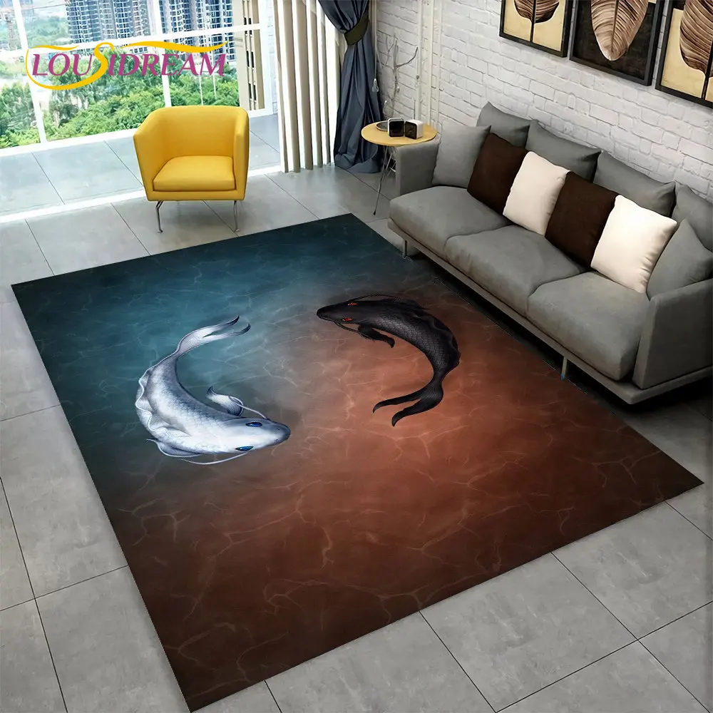 3D Pastoral Tai Chi Fish carp Area Rug,Carpet Rug for Living Room Bedroom Sofa Doormat Decor,Kid Play Kitchen Non-slip Floor Mat