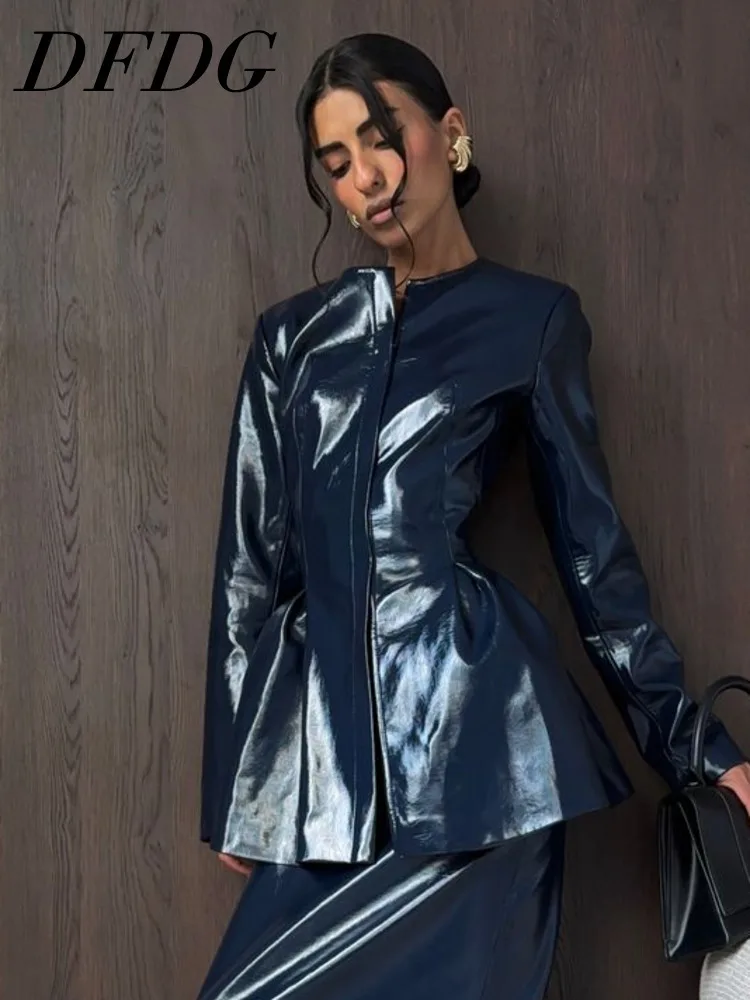 

DFDG Women's Spring Summer Mandarin Collar Zip Fitted Peplum Hem Patent Leather Jacket Casual 2026 Trendy Feminine Fashion Coat