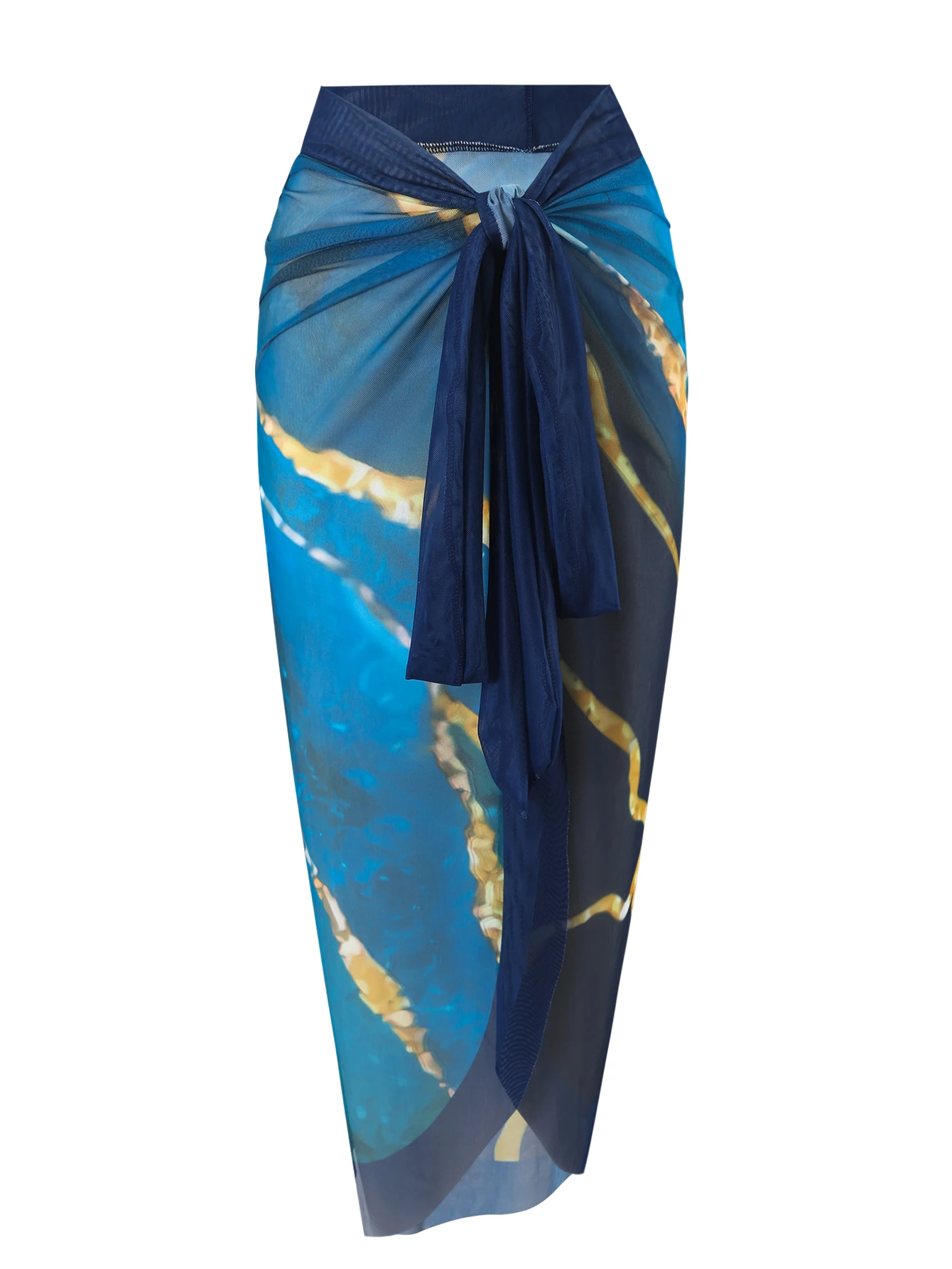 Women's One-Piece Swimsuit Two-Piece Set, Beach Vacation, Hot-Selling Blue Marble Pattern, with Mesh Skirt view 5