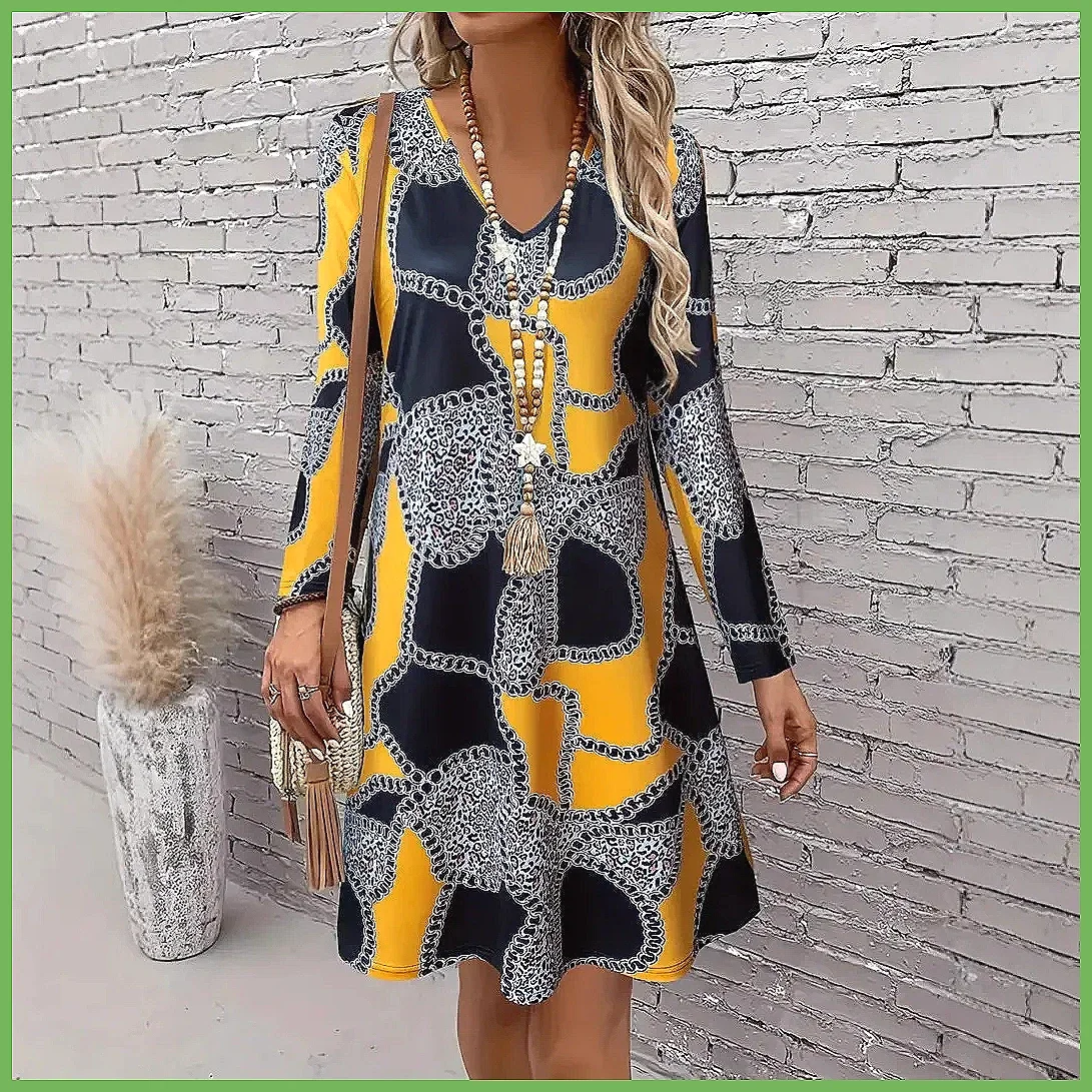 Abito a trapezio con stampa floreale e scollo a V da donna 2025, elegante per feste e serate in stile bohémien