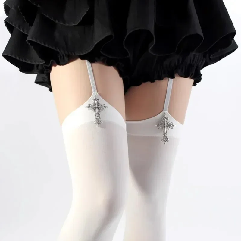 

Personality Cross Decoration Women Suspender Socks Solid Color Thin Thigh High Lolita Anime Cosplay Gothic Over Knee Stockings