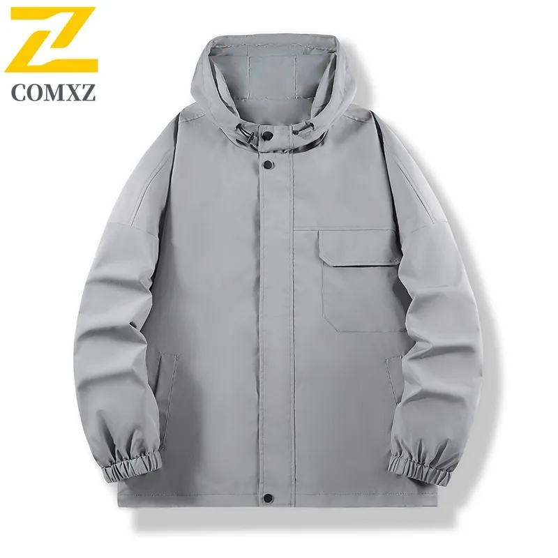 

COMXZ Роскошная куртка для отдыха, однотонная ветрозащитная куртка с капюшоном для кемпинга, мужская классическая куртка с несколькими карманами, весенне-осенняя одежда