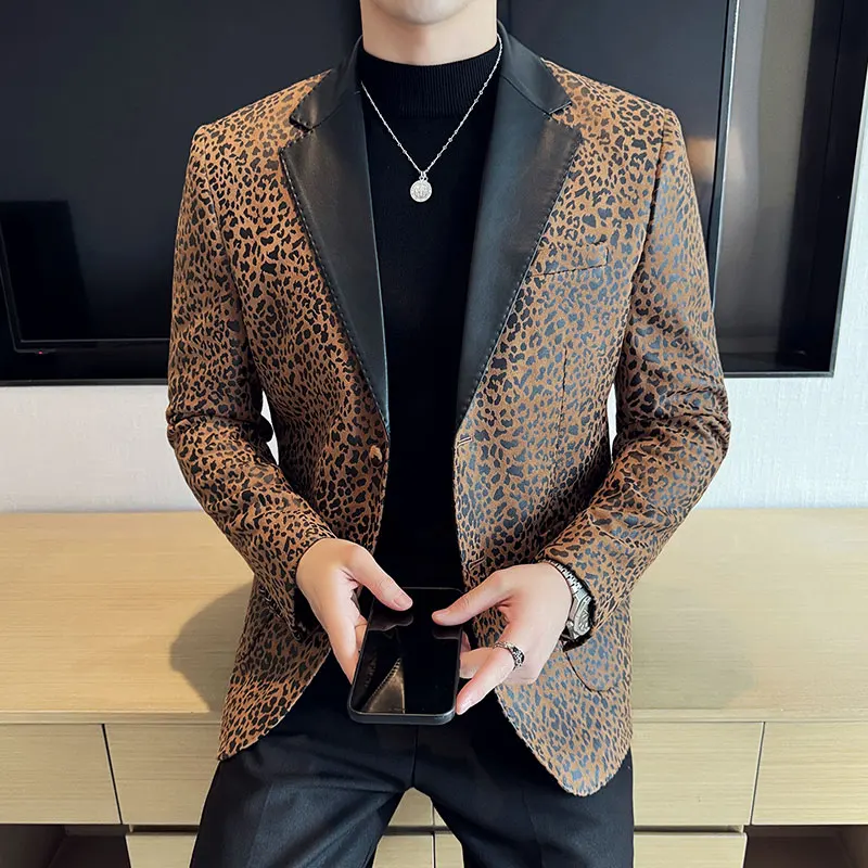 Splicing Leather Neck Casual Suit Jacket Fashion Leopard Men's Business Slim Fit Social Formal Blazers Wedding Groom Tuxedos