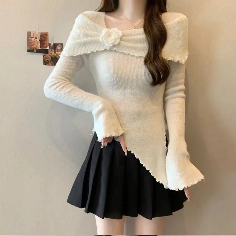 French Style Fungus Edge Three-dimensional Flower One Shoulder Sweater Women's 2024 Autumn Slim Casual Long Sleeved Knitted Top