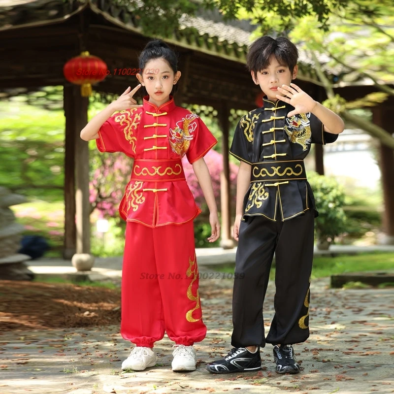

2026 chinese children shaolin wushu martial arts kung fu uniform traditional dragon embroidery kungfu wushu training exercise