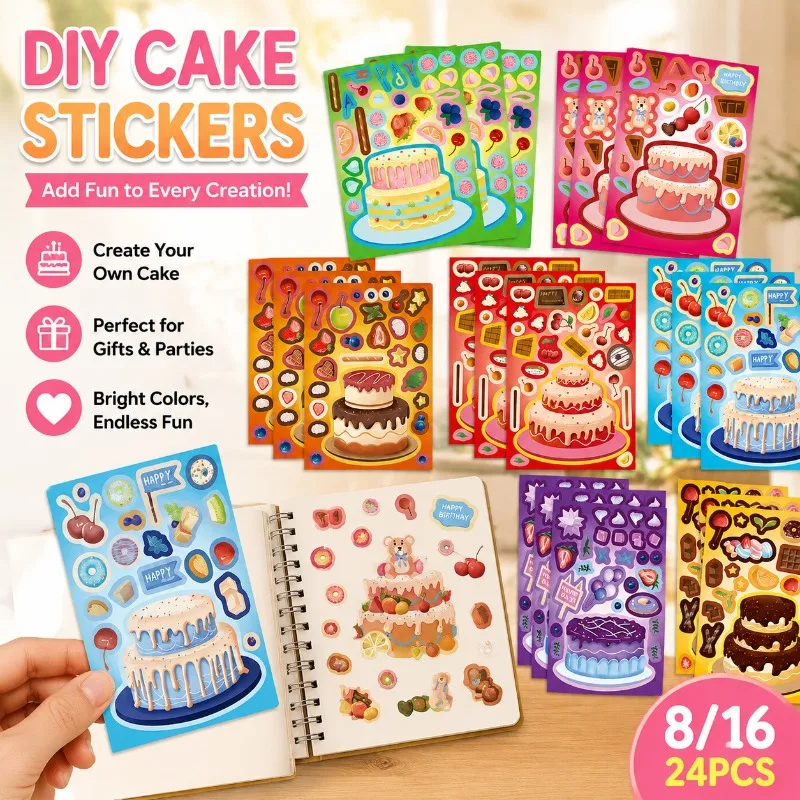 

8 Sheets Per Bag Creative Cartoon Birthday Cake Assembled Stickers Waterproof Decor Decals for Kids Birthday Party DIY Ornament