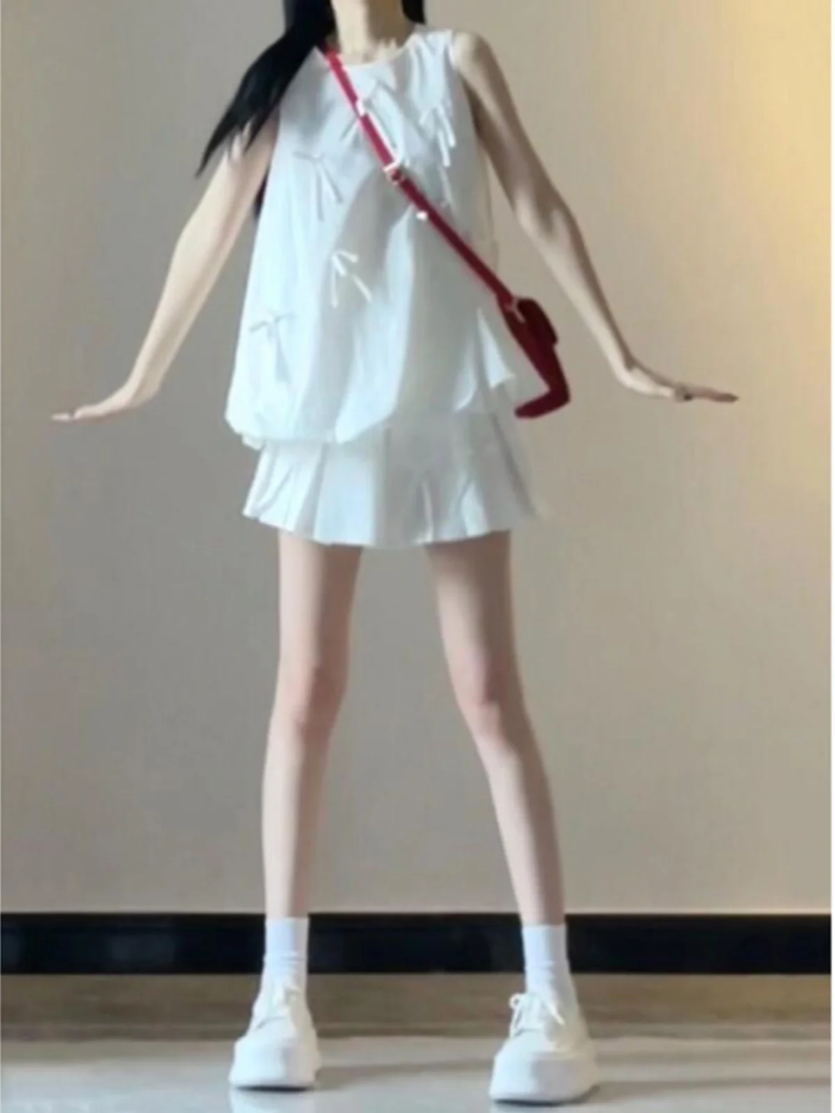 

Sweet Summer Outfit Knot Flower Bud Vest Pleated Skirt Two Piece Set Comfortable Cotton round Neck Sleeveless