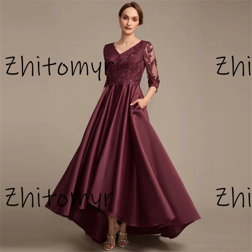 2024 elegant high quality Women Satin Pleated A-Line Dress Solid Color V-Neck Lace Dress Half Sleeve Casual Large Hem Dress