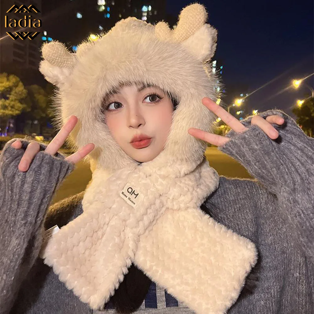 2024 Women Winter Thick keep Warm Multifunctional Girl's Gift Faux Fur Hat Scarf Two-in-one Pieces Knitted Top Cap Scarves Sets