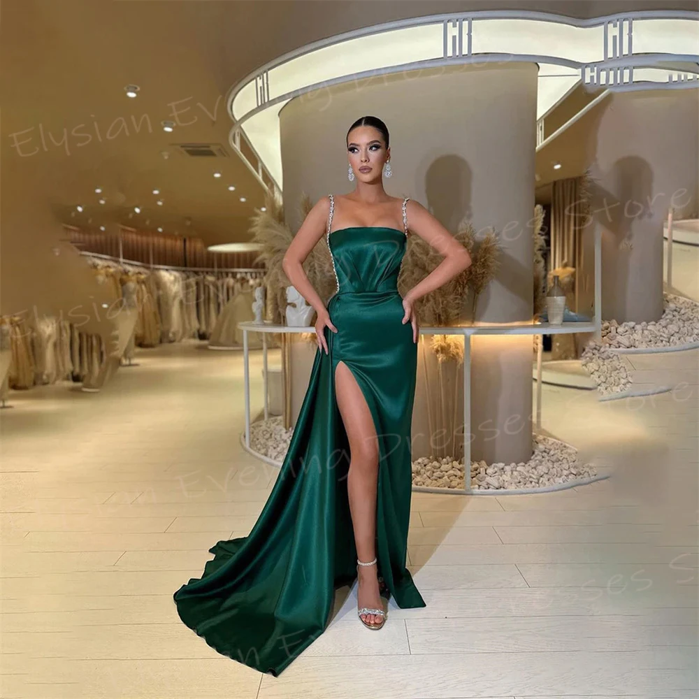 Classic Simple Green Women\'s Mermaid Evening Dresses Sexy Spaghetti Strap Prom Gowns Side High Split Customized Vestido De Noche