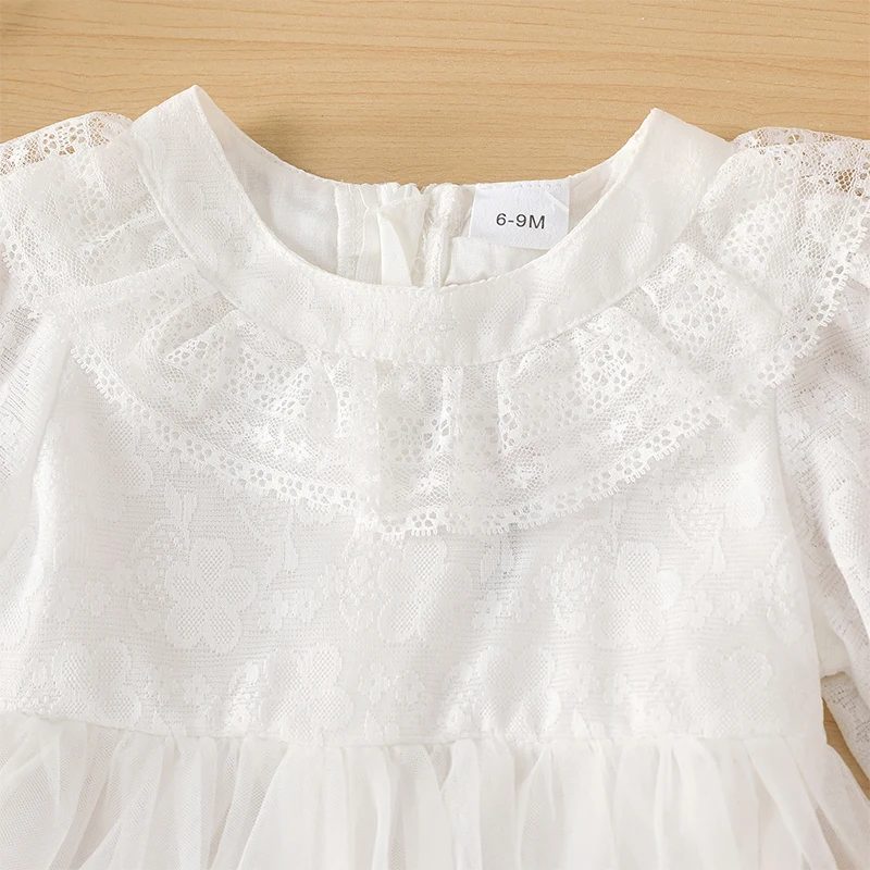 2PC Girls\' Lace Lace Lace Long Sleeve Tulle White Dress+Lace Lace Hat Sweet and Cute Fashion Style Fluffy Dress Summer Children