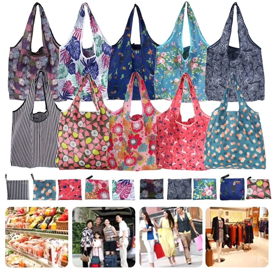1PC Packable Reusable Shopping Bags Foldable Fabric Tote Colorful Design for Daily Grocery Supermarket Picnic Various Styles ZYF