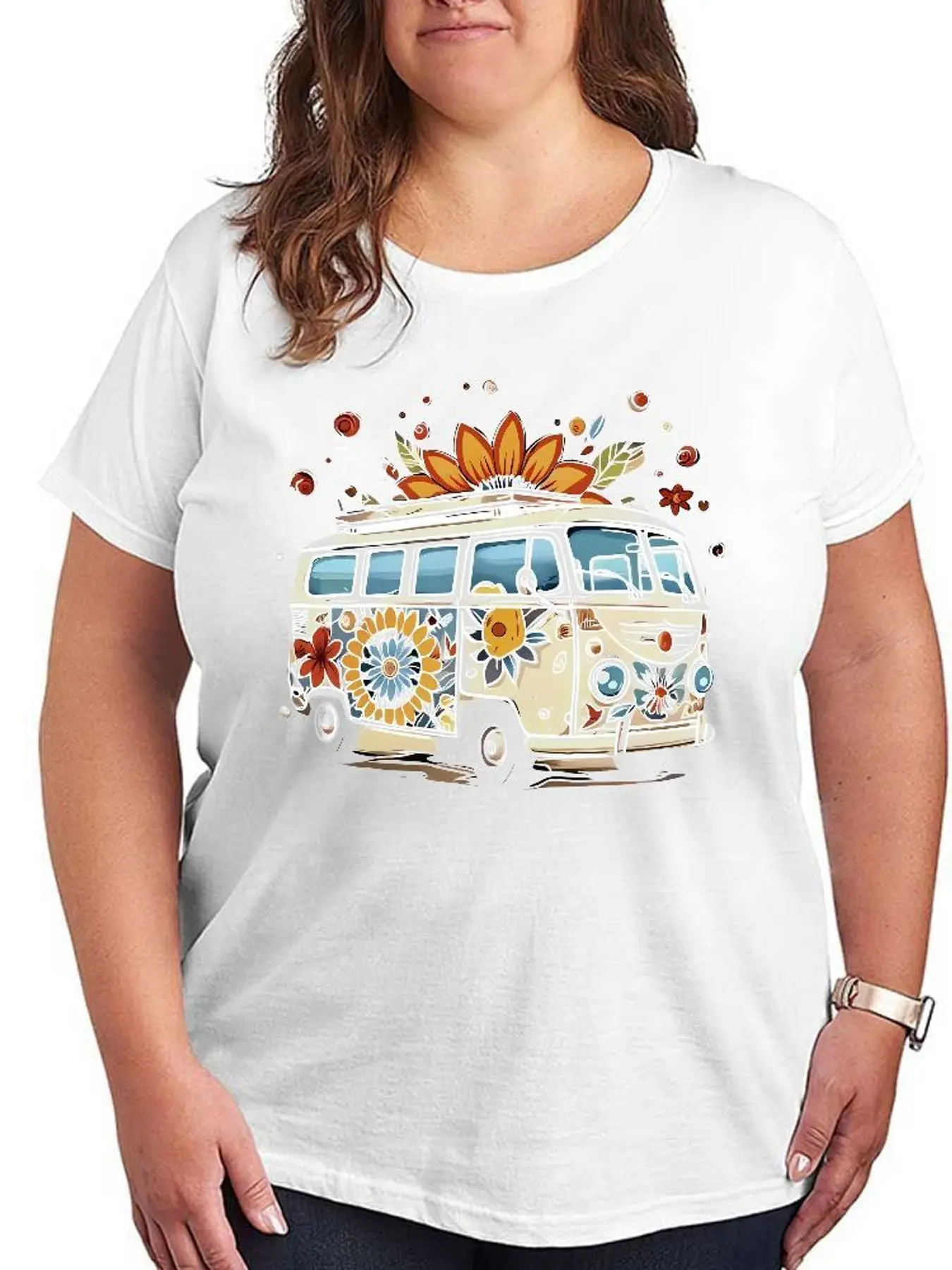 Boho Floral Van Graphic T Shirt Women Fashion Short Sleeve Stretchy Tee Summer Casual Plus Size Loose Cotton Soft Tops