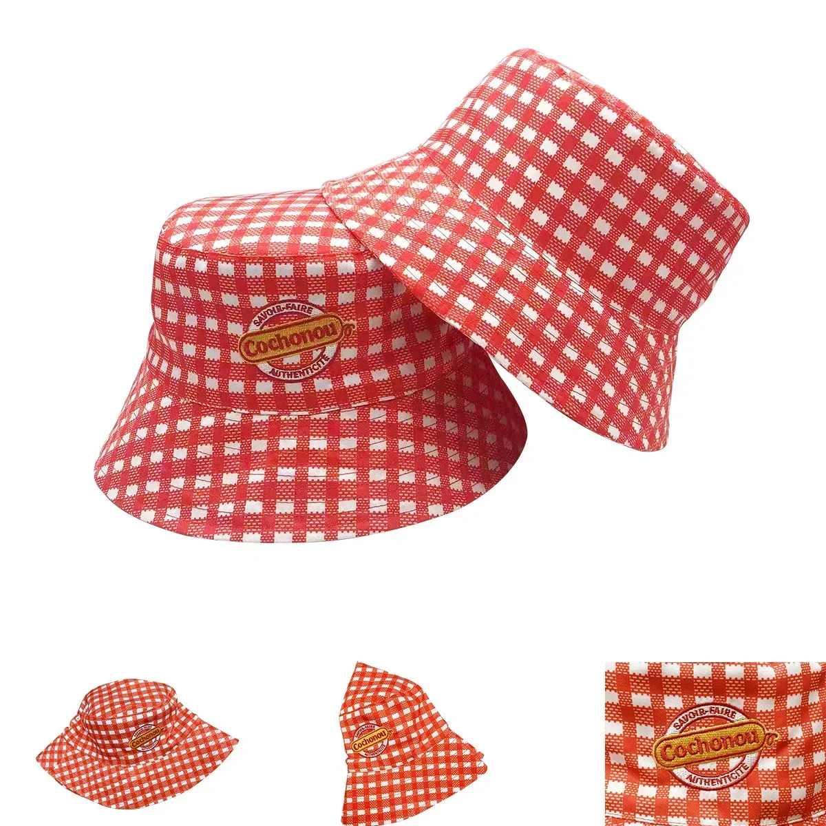 Pig Cochonou Bob Embroidery Unisex Bucket Hat Summer Beach Hatwear Foldable Vacation Fishing Cap Red Plaid Style Bob Hat