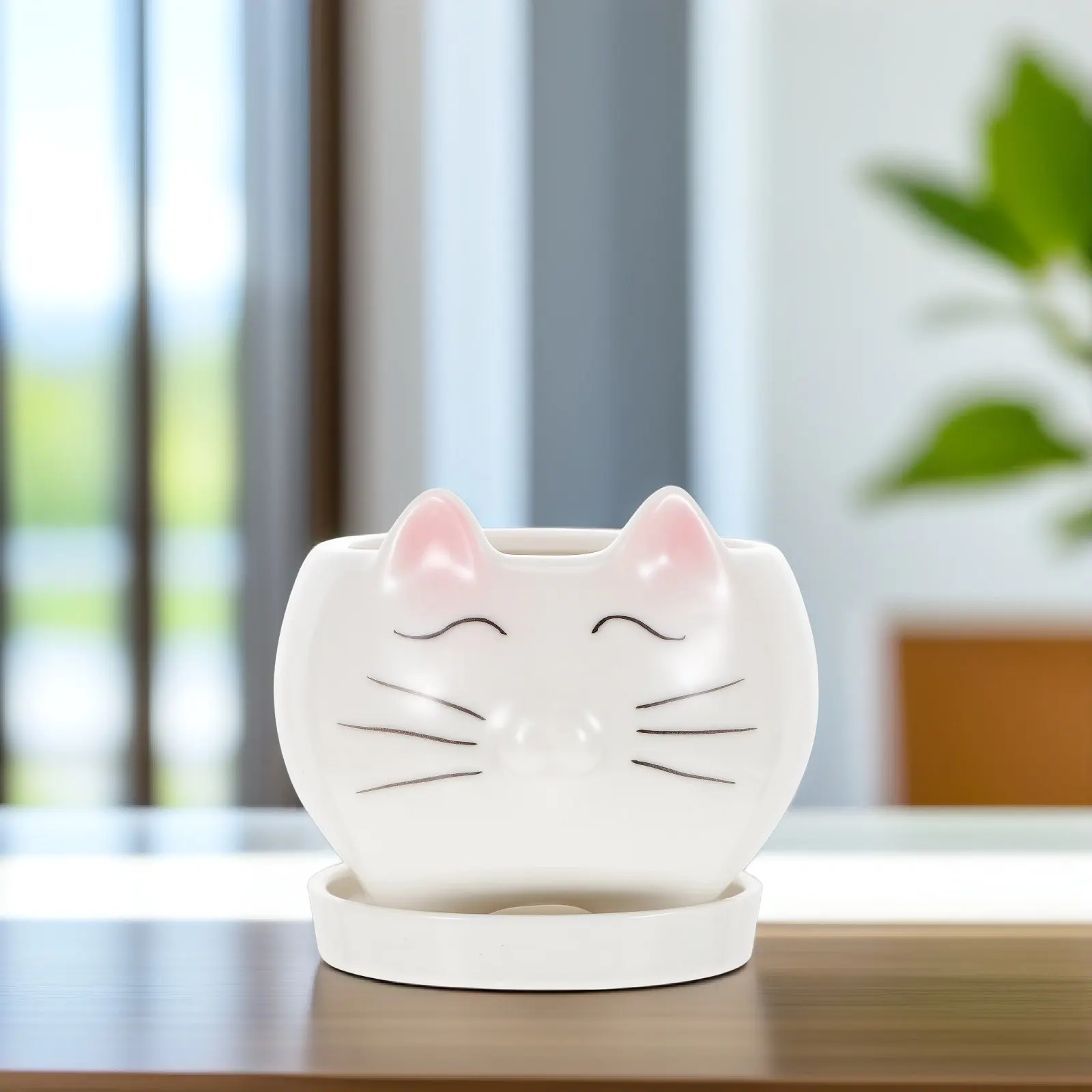 White Ceramic Cartoon Cat Planter Cute Succulent Pot for Cactus Small Flowers Desk Decor Home Office Window Sill Bookshelf Gift