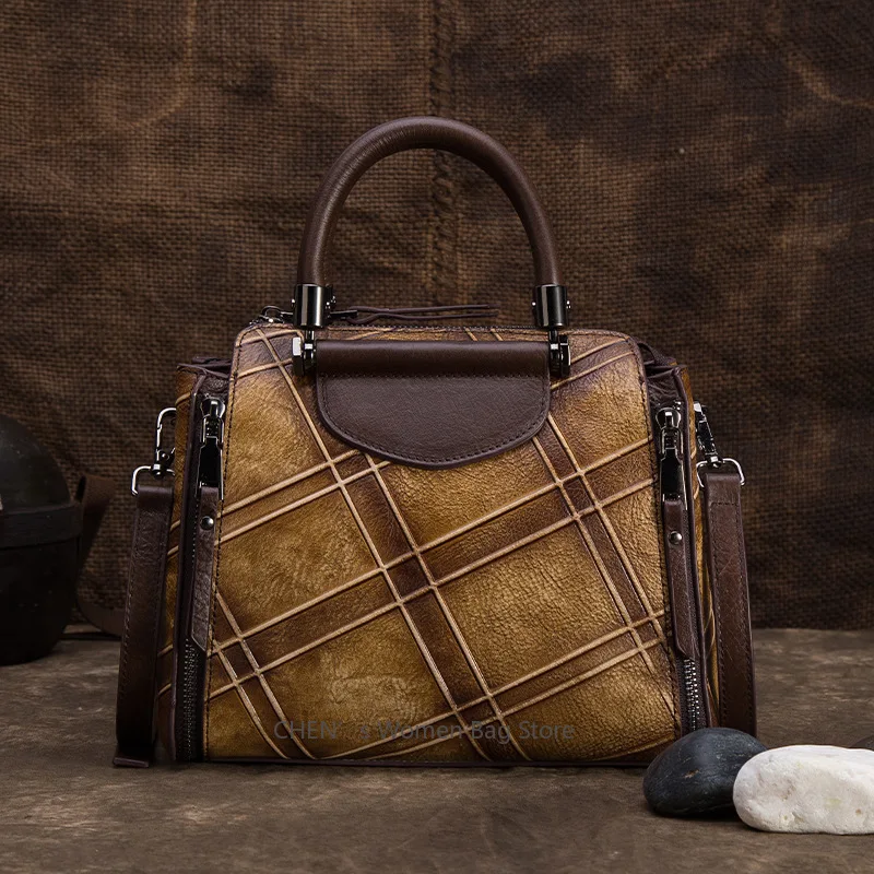 

2025 New Vintage Genuine Leather Women Bag Handmade Embossing Plaid Handbag Nature Cowhide Shoulder & Crossbody Bags