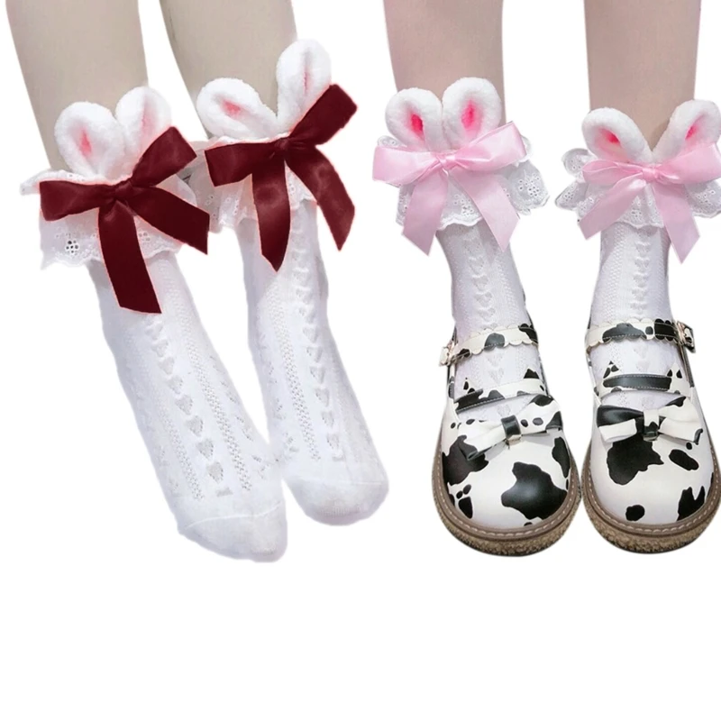 3D Bunny Ears Cotton Socks Women Girl Frilly Ruffle Lace Sweet Ribbon Bowknot Knitted Anklet Hosiery