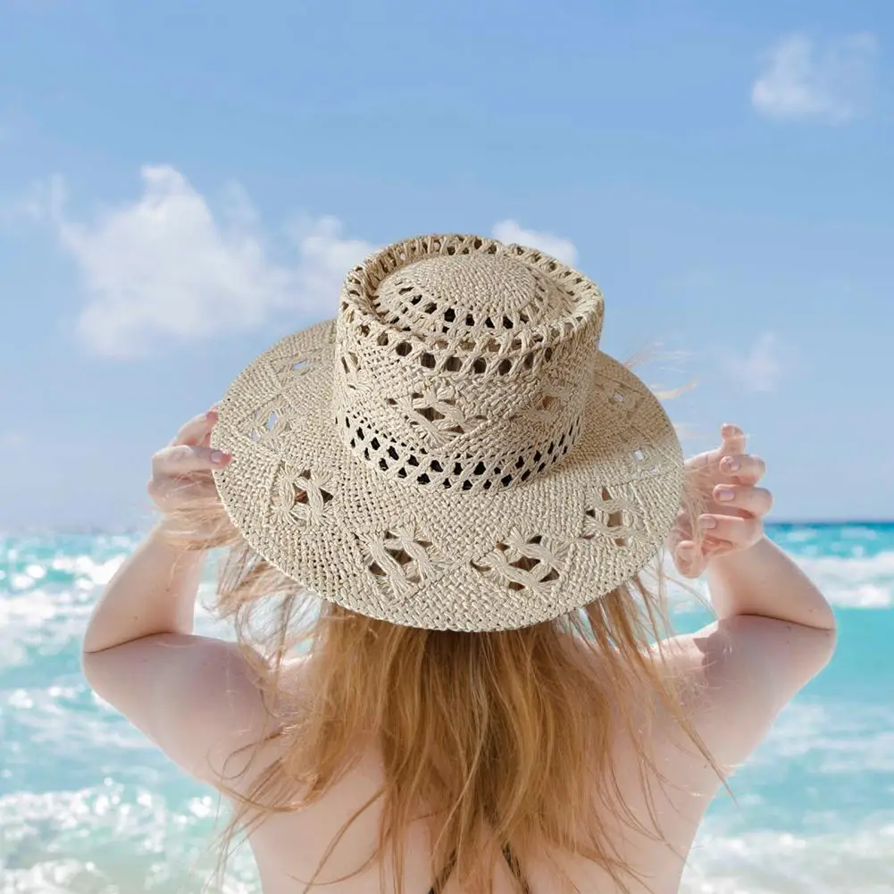 Summer Straw Hat Hollow Out Flat Top Sun Protection Anti-UV Hat Decorative Vacation Beach Style Solid Color Outdoor Cap 여성용 선캡