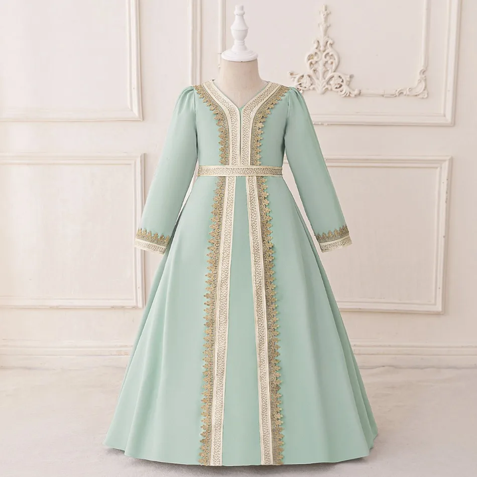 2026 Muslim Girls New Robe Dress Satin Cloth Embroidery Banquet Girls Princess Dress Party Long Sleeve Evening Dress Dress ASQ03