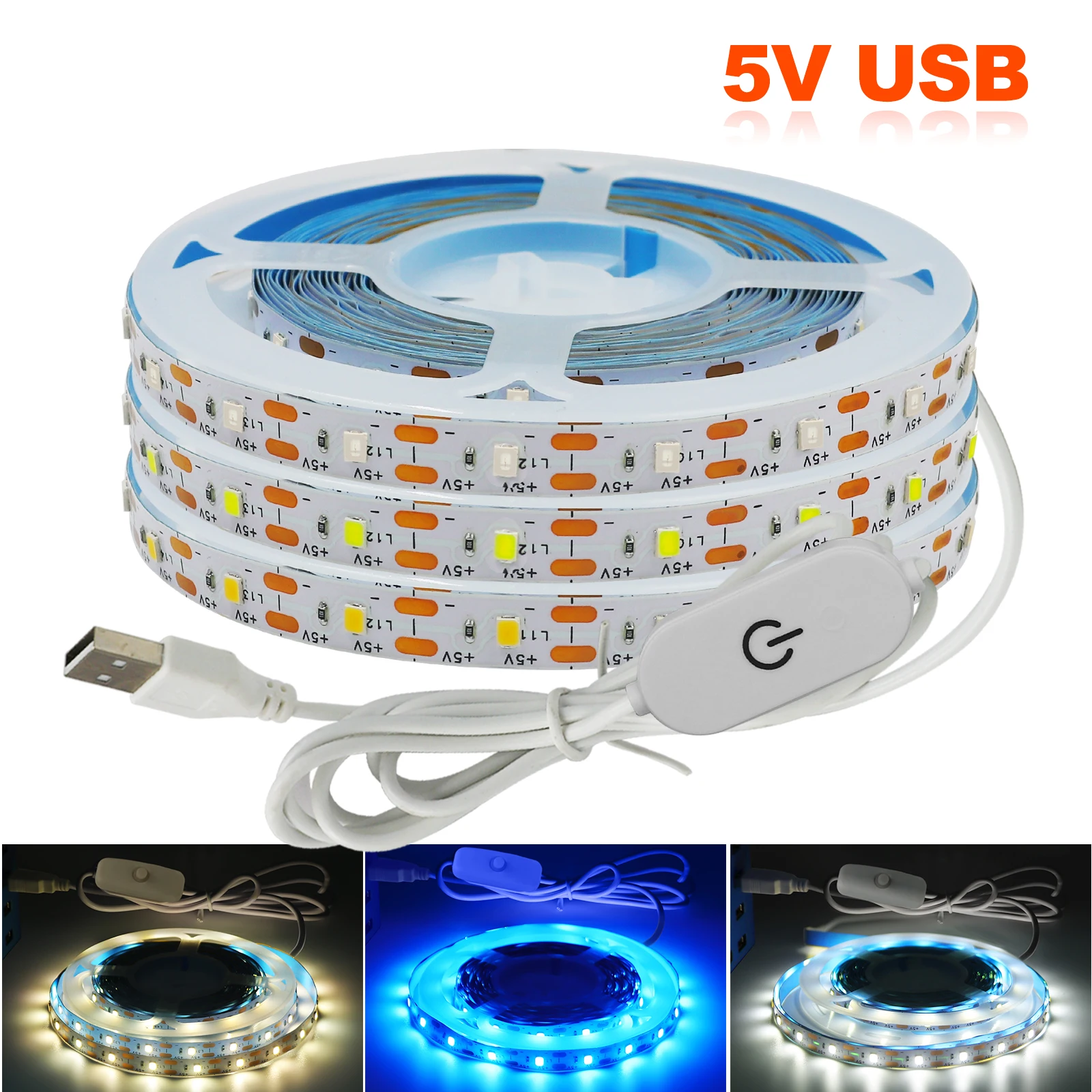 5V LED Strip Light USB Touch Dimmable Flexible Led Lights SMD2835 60Leds/m Room Decor Ribbon Diode Tape White/Warm White/Blue