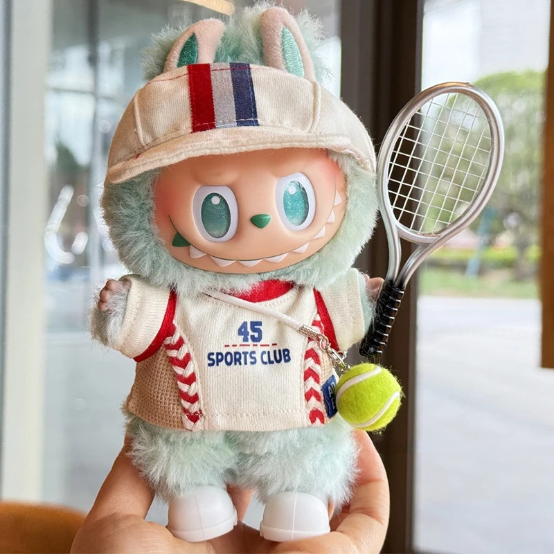 

15/17cm LABUBU Doll Clothes & Accessories 1st-3rd Gen Tennis Girl Sports Set Red White Striped Top Baseball Cap Tennis Racket
