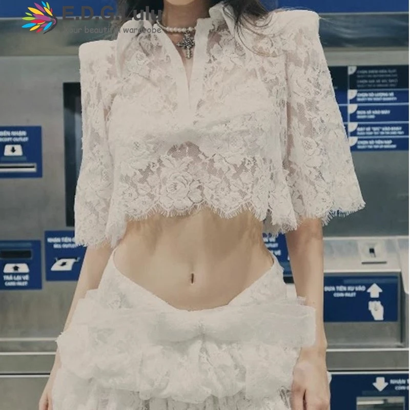 

EDGLuLu See Through Embroidered Floral Lace Two Piece Outfits Woman Short Sleeved Shirt Top+High Waist Mini Skirt White Suit0611