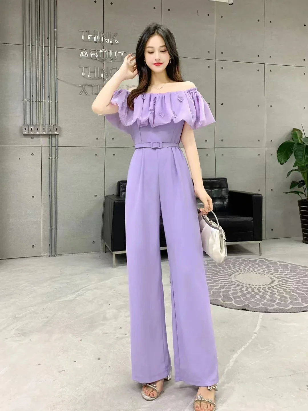 

NMZM New Summer Women's Sexy Slant Neck Off Shoulder Waistband Slim Fit jumpsuit High Quality 3D Flower Ruffle Edge Wide Leg Pan