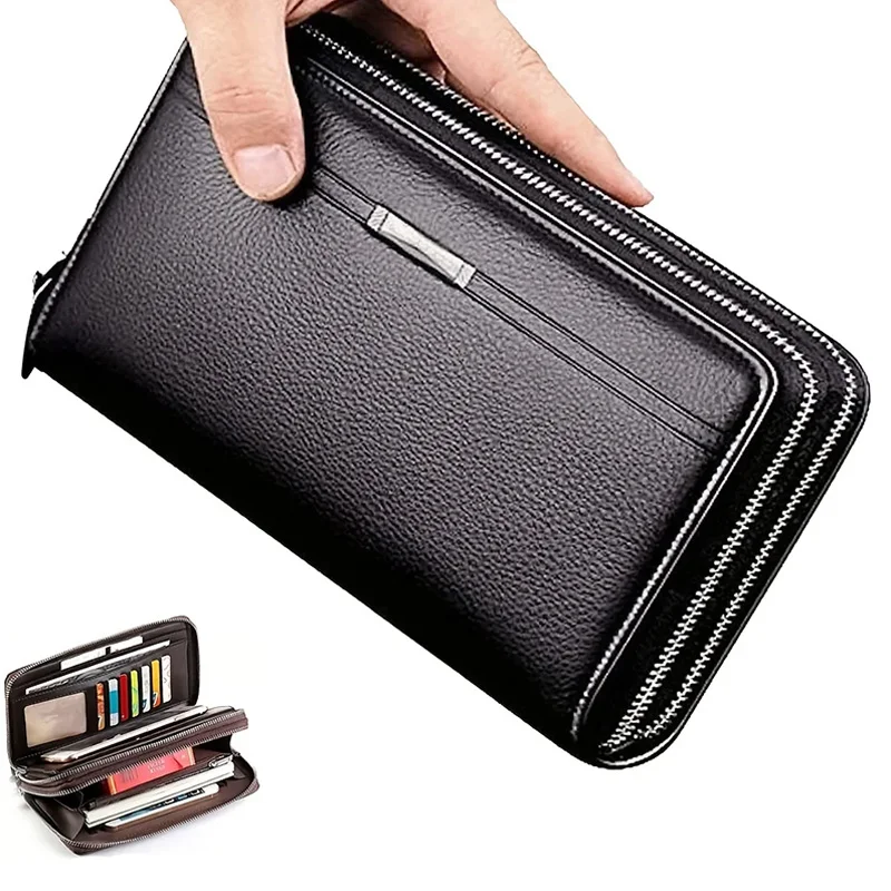 Cartera para hombre, bolso largo de cuero con prepucio de dinero, bolso grande de negocios, tarjetero para teléfono móvil, regalo para hombre, padre, hijo, marido b