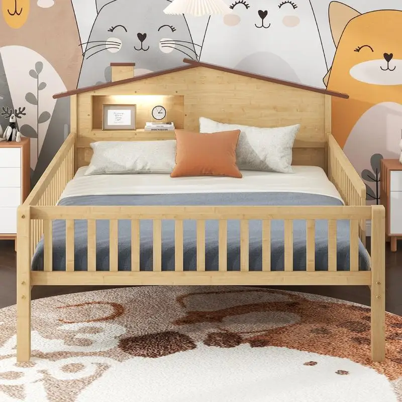 سرير بمنصة خشبية كاملة الحجم مع لوح رأسي على شكل منزل وأضواء LED وتخزين مدمج بلمسة نهائية طبيعية #3