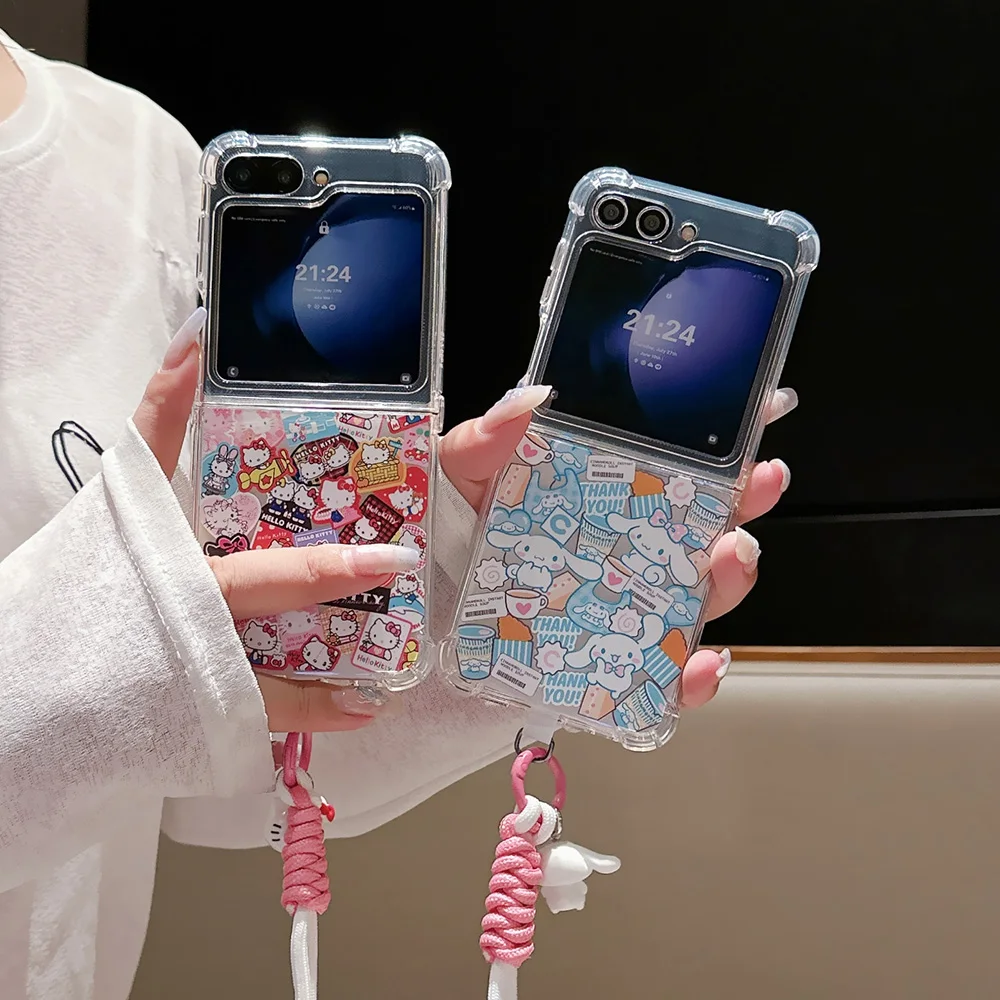 Kawaii Hello Kitty Cinnamoroll Label Lanyard Phone Case for Samsung Galaxy Z Flip 3 4 5 6 5G PC Hard Anti-drop Back Cover Funda